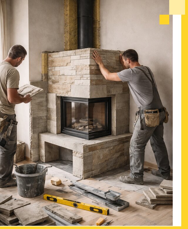 Угловые камины под ключ проект, монтаж и отделка в Кизляре